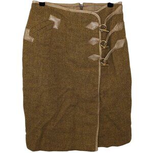 Vintage HERMES Goldenrod Tweed Skirt Decorative Brass Leather Detail Women FR40